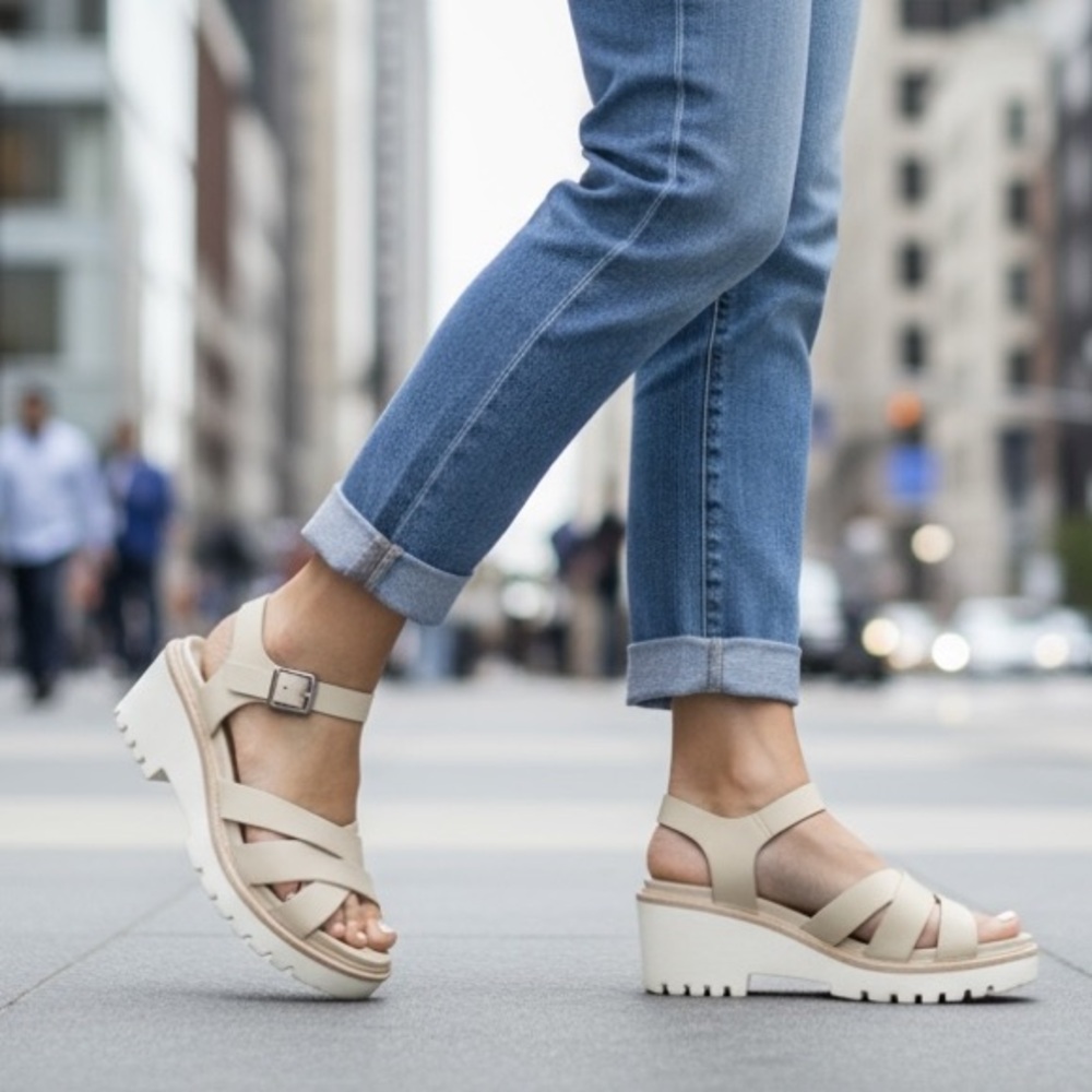MIA Chunky Heel Platform Sandals Beach Taupe  Strap with silver buckle Size 6.5